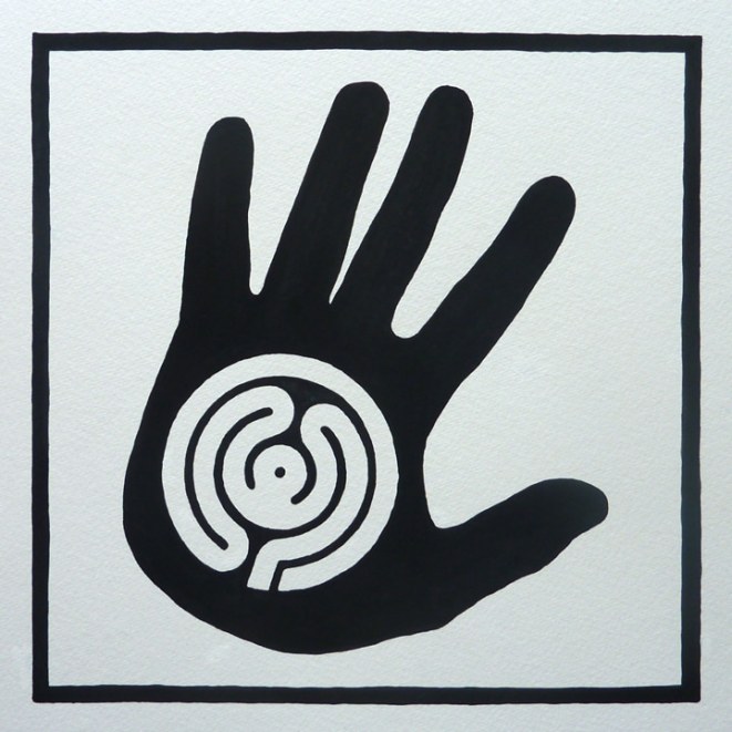 The logo or sign of the Land art trail in the form of a palm print of the left hand with a labyrinth in the middle of the palm; author Boris Pecigoš