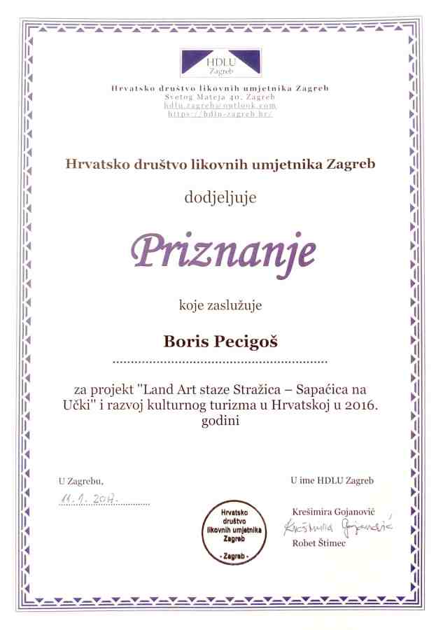 The recognition of HDLU Zagreb (Croatian Association of Visual Artists Zagreb) for the project of the Učka Land Art Trail and the development of cultural tourism in Croatia in 2016 was presented to the author of the trail, Boris Pecigoš, at the association's annual meeting on January 11, 2017.